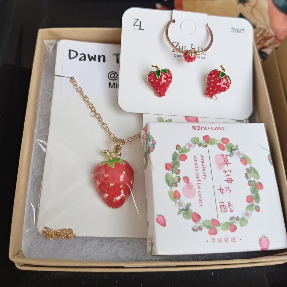 Strawberry Jewelry + Stickers Gift set